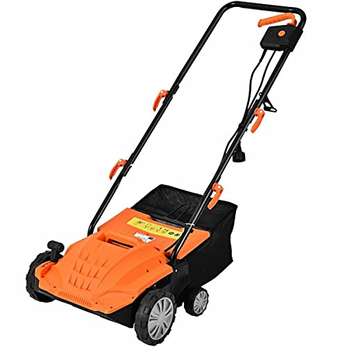 Orange 13 12Amp 2-in-1 Function Corded Electric Scarifier Lawn Dethatcher Walk-Behind Lawn Mowers Electric Weeder Electric Grass Trimmer 40L Collection Bag 2 Blades 3 Position Dept Adjustment