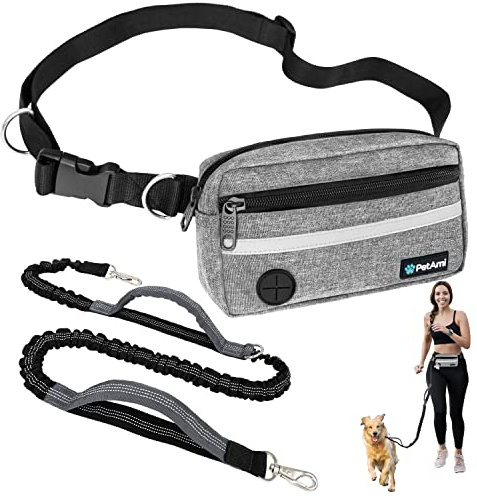 PetAmi Hands Free Dog Leash, Running Leash Belt Walking, Jogging, Waist Zipper Pouch with Poop Bag Dispenser, Dual Padded Handles, Reflective Durable Bungee Single, Heather Grey, 1 Leash