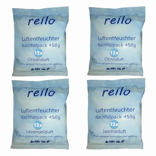 reilo Duftset, Probierset mit 48x 450g Luftentfeuchtergranulat, mit je 12x Citrus-, Jasmin-, Lavendel- und Oceanduft, Raumentfeuchter