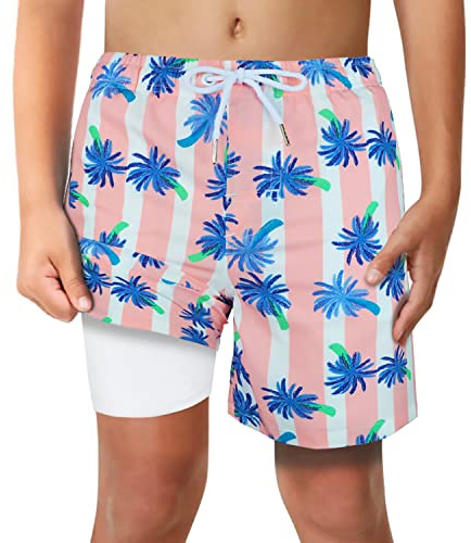 LUCOWEE Boys Pink Stripe Palmtree Swim Trunks with Boxer Brief Liner Anti Chafe No Mesh Swimming Shorts Compression Lined 4-Way Stretchy UPF Quick Dry Bathing Suit Size 14-16