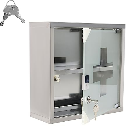 XMTECH Medizinschrank Arzneischrank abschließbar Medikamentenschrank, Erste Hilfe Schrank aus Edelstahl, Glastür mit Schloss,Erste-Hilfe-Schrank Hausapotheke 2 Fächer, 30 x 30 x 12 cm