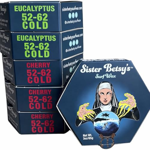 Sister Betsy’s Surfboard Wax – Hexagon Grip Easy Application – All-Condition Traction, 6-Pack Non-Toxic Wax (Cold)