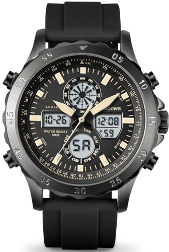 PINDOWS Montres pour Hommes, Montres de Sport analogiques numériques étanches pour Hommes, Montre de Plein air multifonctionnelle Robuste avec rétroéclairage LED