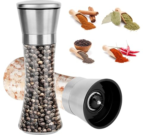 2 pezzi Macina Sale e Pepe Set, RISVOWO Smerigliatrice Ceramica, Macinapepe Manuale, Finezza Regolabile Saliera, Macinatore per spezie Vetro