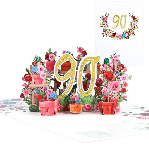 Popup-kort till 90-års- Årsdag, födelsedagskort, kort till 90-årsdagen Bröllopsdag, blomma popup gratulationskort, 3D popup-kort födelsedag gratulationskort för kvinnor mödrar fru män vänner