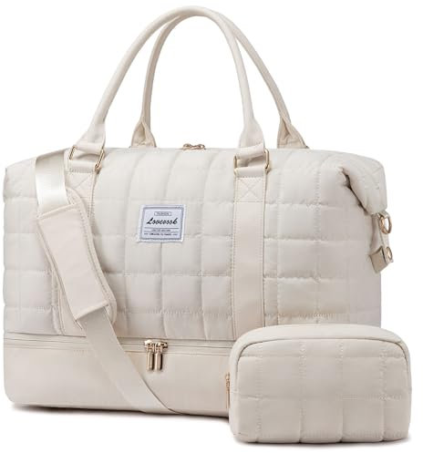 LOVEVOOK Reisetasche Damen, Leicht Puffer Weekender Kliniktasche Geburt Handgepäck Tasche Krankenhaustasche mit Schuhfach & Nassfach, Travel Carry On Bag für Flugzeug Reise Gym, Beige