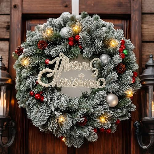 Türkranz Weihnachten,35CM Weihnachtskranz Künstlicher Türkranz, Weihnachten Adventskranz,Weihnachten Kränze für Kamin, Haustür,Wand-Fenster (White-Silver)