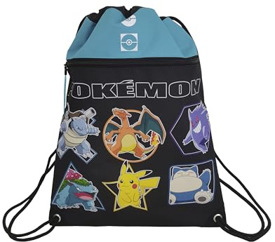CyP Brands- Pokémon-Mochila, Saco, Bolsa con cuerdas, Geo, Color negro,Producto Oficial