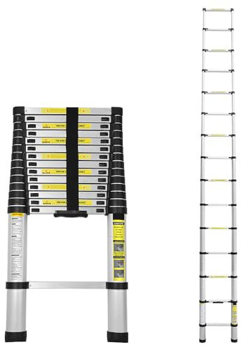 Cecaylie Escalera telescópica de 4,4 m, escalera de aluminio, escalera extensible con pies antideslizantes, escalera multiusos para ático, escalera de pie, portátil y ligera, capacidad de carga de 150