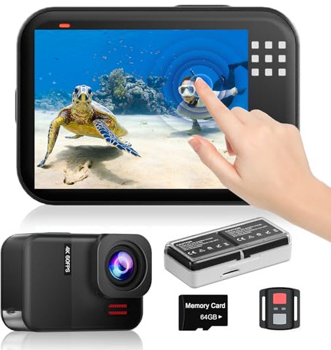 4K60fps Cámara Acuatica Pantalla Táctil - Cámara Subacuática 10M con 64G Tarjeta SD, HD 48MP WiFi Cámara Deportes Estabilización 6-Axis,8X Zoom Cámara de Acción con Casco Accesorios