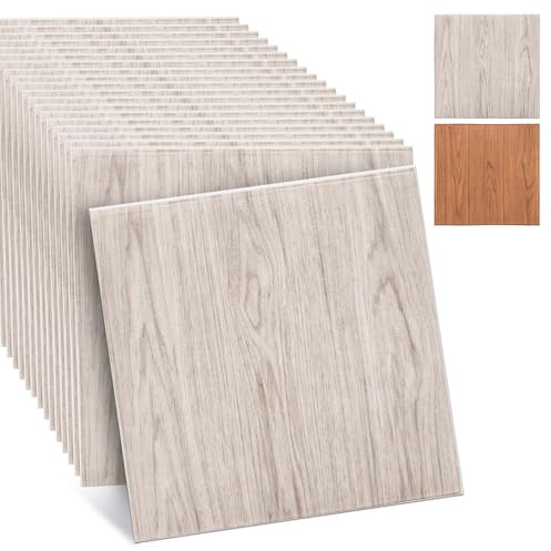 TVVCALK 20 piezas de paneles de pared autoadhesivos, paneles de pared 3D con veta de madera, papel pintado autoadhesivo 3D, paneles de pared de PVC impermeables, veta de madera de roble blanco, 35 x