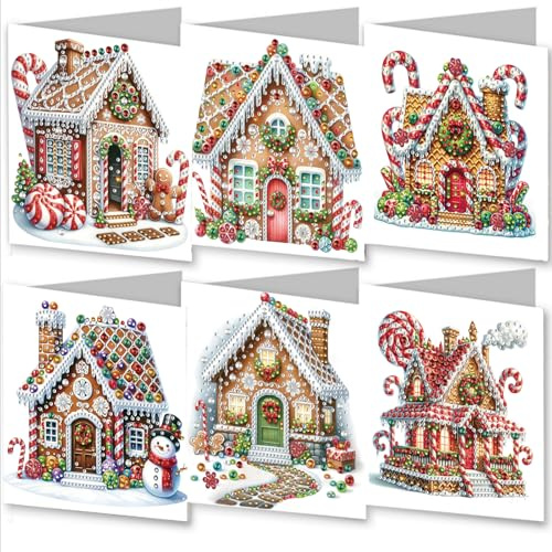 Awesocrafts 6pcs Diamond Art Christmas Cards Kits Gingerbread House Candy Snowman Christmas, DIY Diamond Painting Cards Sets, 5D Crystal Art Card with Envelopes, Postcards for Handmade, Xmas 30*15cm