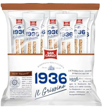 4x480g San Carlo 1936 Grissini Semi Rustici con Semi di Lino Sesamo e Papavero, ogni busta da 480g contiene 40 Monoporzioni.