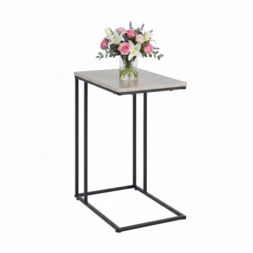Relaxdays Auxiliar, HBT: 64 x 50 x 35 cm, MDF, Hierro, Forma en C, Mesa para sofá, salón, Negro/Natural, Tablero de Fibras