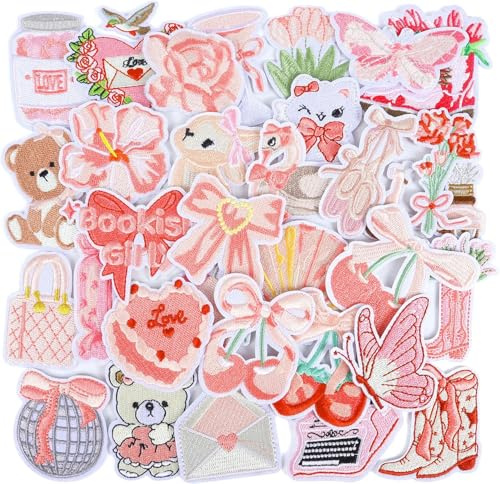 Ruispeed 32 Rosa Coquette-Bügelbilder – Adorabili Applicazioni Ricamate da Stirare per Giacche, Jeans, Zaini e Cappelli