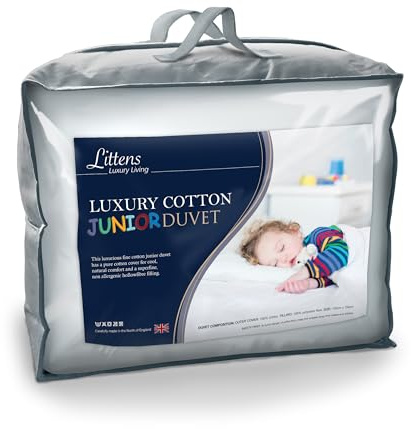 Littens 7.5 Tog Breathable All Year Round 100% Cotton Junior Cot Bed Toddler Baby Hollowfibre Duvet Quilt & Pillow Bedding Bundle (120cm x 150cm & 40cm x 60cm) UK Made