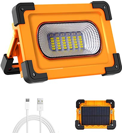 Projecteur LED Rechargeable, T-SUN 60W 4 Modes Projecteur LED Chantier, Lampe de Travail Portable avec Batterie Rechargeable & Panneau Solaire, Lumière d'Urgence, pour Camping, Bricolage