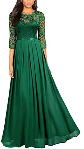 Minetom Damen Maxikleider Langarm Spitzen Plissee Brautjungfernkleid Kleider A Linie Kleid Stehkragen Ballonkleid Hoher Taille C Grün 38