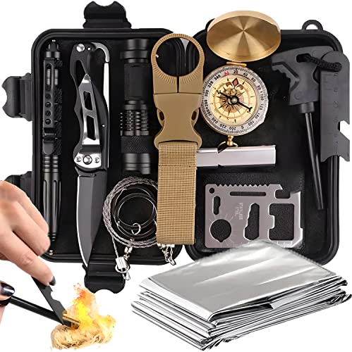 Retoo Survival Kit, Outdoor Ausrüstung mit Kompass, Taktische Taschenlampe, Rettungsdecke, Survival Ausrüstung für Camping, Bushcraft, Wandern, Jagden, Notfall Survival Set für Männer 12 in 1