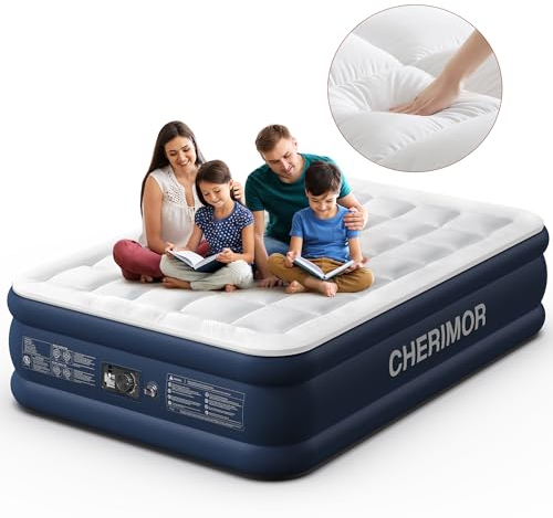 CHERIMOR Queen Air Mattress with Built-in Pump & Luxury Quilted Topper (Washable&Detachable), 20 Raised Comfort, 800lb Support, 4.5 Min Fast Inflate, Blow up Mattress for Guest Camping & Home