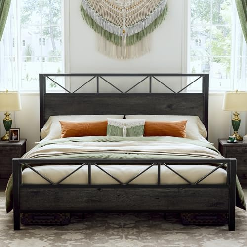 LIKIMIO King Bed Frame, Tall Industrial Headboard 51.2 , Platform Bed Frame with Strong Metal Support, Solid and Stable, Noise Free, No Box Spring Needed, Easy Assembly, Charcoal Grey
