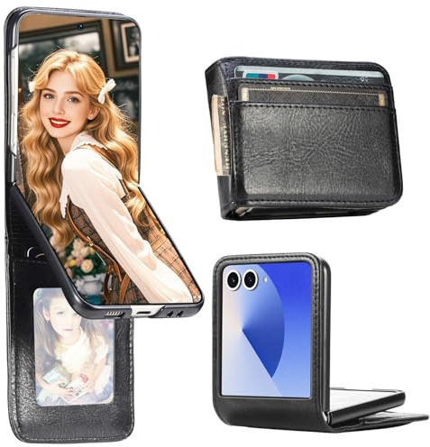 Fofvccv Étui Portefeuille pour Samsung Galaxy Z Flip 7, Housse Antichoc en Cuir PU avec Porte-Cartes et Support Réglable Coque Flip Compatible avec Samsung Galaxy Z Flip 7 - DK Black