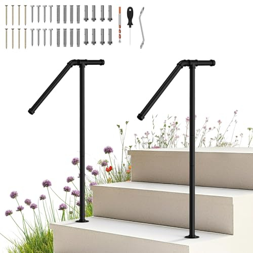 Outdoor Handrail for Steps 1-2 Steps, Adjustable Height Hand Rail for Elderly & Disabled, Sturdy Rust-Proof Metal Black Grab Rail for Outdoor & Indoor Stairs, Easy Installation