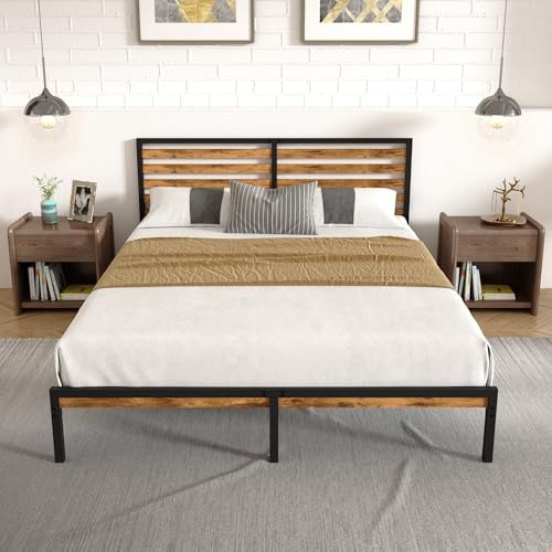 XINBEDEU Double Bed Frame, Vintage Wooden Headboard, Metal Platform Base, Steel Slatted Support, No Spring Mattress Required