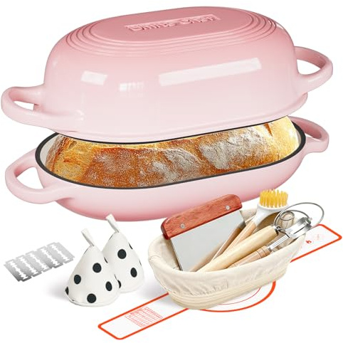 Enameled Cast Iron Sourdough Bread Oven, Dutch Oven for Bread Baking, - incl. Sourdough Bread-Baking Supplies like Banneton Bread-Proofing Basket - 5QT Loaf Cast Iron Bread Pan-Making Kit Pan, Pot, Sour Sough Tools, Lame (Pink)