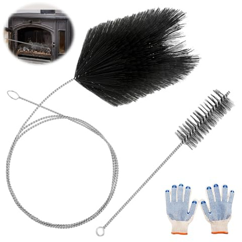 Juego de 2 cepillos para tubos de estufa, cepillo para chimenea, cepillo para caldera con barra flexible y guantes, escoba para chimenea, escoba para limpiar chimeneas y calderas (170 mm)