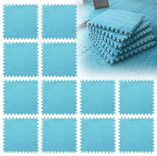 LUPATDY 12 Pièces Tapis Puzzle, Dalle Mousse, Carreaux de Sol Emboîtables en Peluche, Tapis Chambre Enfant, pour Salon et Chambre à Coucher, 30 x 30 cm - Bleu Foncé