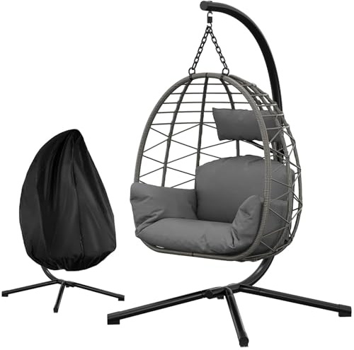Litake Silla Colgante para Exterior y Jardín - Estructura Completamente Metálica - Silla Huevo con Soporte, Soporta hasta 150 kg - con Cojines Cómodos, Ideal para Jardín, Balcón y Patio, Gris