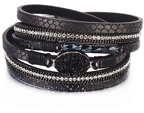 FANCY SHINY Boho Leather Wrap Bracelet Stackable Chunky Crystal Cuff Bracelets with Magnetic Clasp Cowboy Cowgirl Western Summer Beach Outfits Jewelry Gifts for Women (14.7, Black)