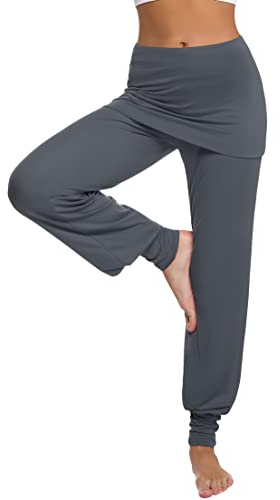 Terecey Yogahose Damen Lang mit Rock Yoga Pants Baggy Jogginghose Damen Bequeme Hose Pumphose Yoga Bekleidung Damen für Yoga Pilates Tanzen Joggen Dunkelgrau L