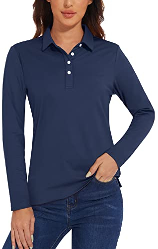 TACVASEN Damen Langarm Golf Polo Shirt UPF50+ Sonnenschutz Shirt Atmungsaktiv Leicht Tennis Top mit 4 Knöpfen (M, Marineblau)