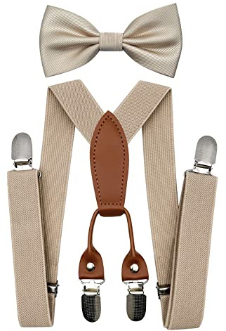 BEWDIO Toddler Suspenders and Bow Tie Set, Champagne Bowtie and Suspenders with 4 Strong Metal Clips (4-03-1)