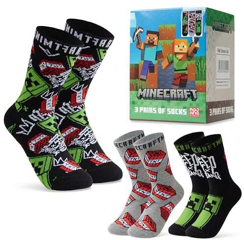 Minecraft Chaussettes Enfant, Lot de Chaussettes Fantaisie, Idée Cadeau Gamer, Chaussettes Garcon 31-36 et 37-40 (Noir/Gris, 31-36)