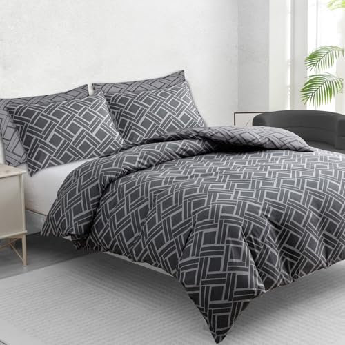 DEKORO Double Duvet Set - Premium Microfibre Double Bedding Set (200 x 200 cm) - Reversible Duvet Cover Sets - Ultrasoft Double Bedding Set Grey Checkered Pattern With Pillow Cases