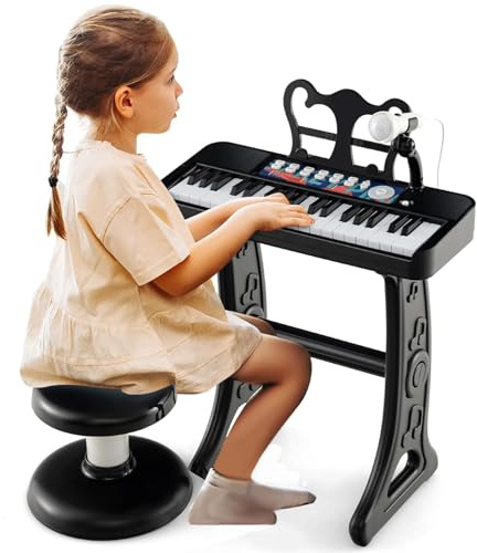 COSTWAY Set Pianoforte Digitale 37 Tasti per Bambini, Tastiera Elettronica con Microfono Regolabile, Leggio Rimovibile,Strumento Musicale Elettronico per Bambini di 3+ Anni (Nero)
