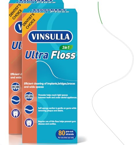 VINSULLA Super Floss for Braces, 3-in-1 Dental Floss Threaders for Bridges, Implants & Retainers - 80 Pre-Cut PFAS & PTFE Free Strands, Oral Care Hygiene Essential (Pack of 2)