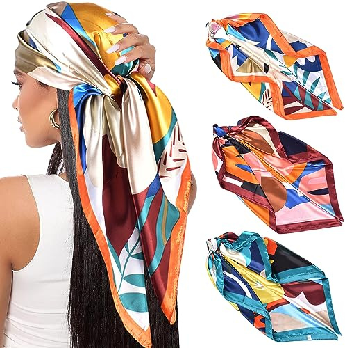 ZYFC 3 Pack Large Square Scarf, Headscarf for Women's Hair, Smooth Satin Scarves, Silk Head Scarf with Classic Patterned for Sleep, Beach or Gift - for Daily Wear, Parties or Decoration- 90 * 90cm