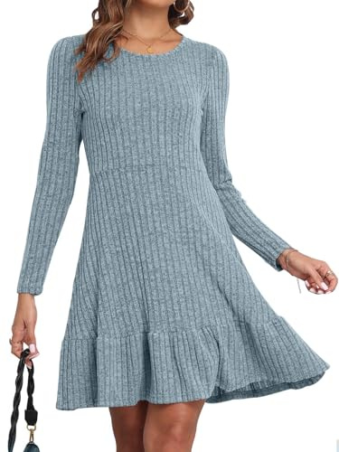 CheChury Stickad klänning för dam höst rund hals tröja långärmad bodycon-klänning vinterklänning elegant stickad tröja casual stretch klänning, Blå, L
