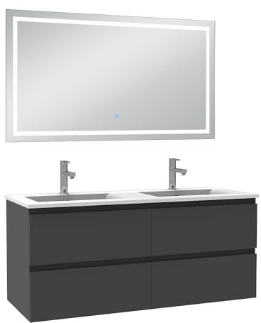 AICA Ensemble Meuble Salle de Bain 120cm Anthracite Double Vasque et Miroir Lumineux 3 Couleurs et dimmable