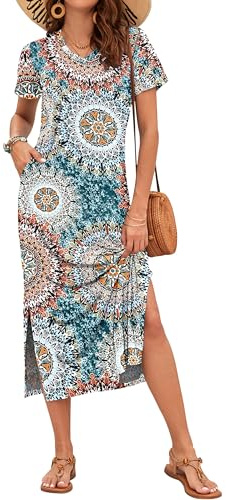 AUSELILY Summer Dress for Women - Short Sleeve Maxi Sundress Slit Beach Elegant Cosmos with Pockets Print Green M