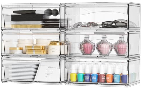 6 Pack Clear Stackable Storage Drawers,12W Large Bathroom Makeup Organizer and Pen,Sunglass,Medicine,Baby Bottle Organizer,Plastic Pull Out Storage Bins for Desk,Under Cabinets,Vanity Countertop