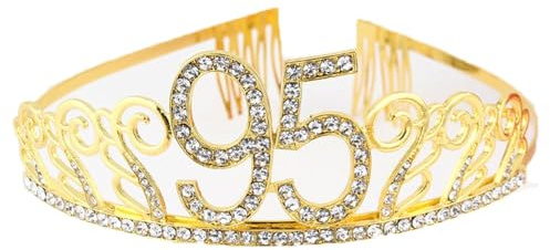 CHUYIX Couronne d'anniversaire dorée 95 chiffres Happy Birthday avec peigne strass cristal couronne serre-tête avec chiffre anniversaire diadème anniversaire couronne pour anniversaire, fête,