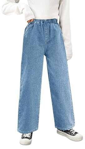 FILOWA Jeans para Niñas Baggy Pierna Ancha Vaqueros Largos Stretch Denim Pantalones con Cintura Elástica Casuales Holgados Azul Pants con Bolsillos Retro Moda Streetwear para Infantil 13-14 años