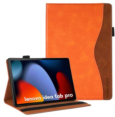 CASAFUNY Coque pour Lenovo Idea Tab Pro 12.7 Pouces 2025 avec Porte-Stylo Étui Housse de Protection en Cuir PU avec Poche de Document pour Lenovo Idea Tab Pro 2025 TB-373FU TB-375FC, Orange