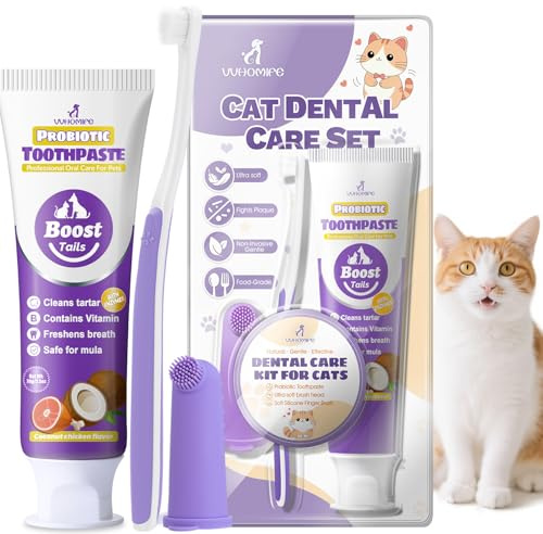VVHOMIFE Cat Toothbrush and Toothpaste Kit - Includes Toothpaste (Coconut Chicken 2.5 oz.) Soft Brush, Finger Brush - Provides Safe and Effective Oral Care for Kittens and Adult Cats