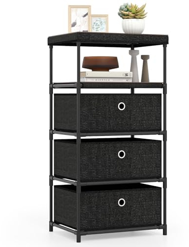 COSTWAY Kommode mit 3 Schubladen, Stoffkommode mit Holzplatte, Ablage, klappbaren Stoffschubladen, Metallrahmen, industriell, für Schlafzimmer, Wohnzimmer, Büro, Flur, Braun (40 x 30 x 81 cm)